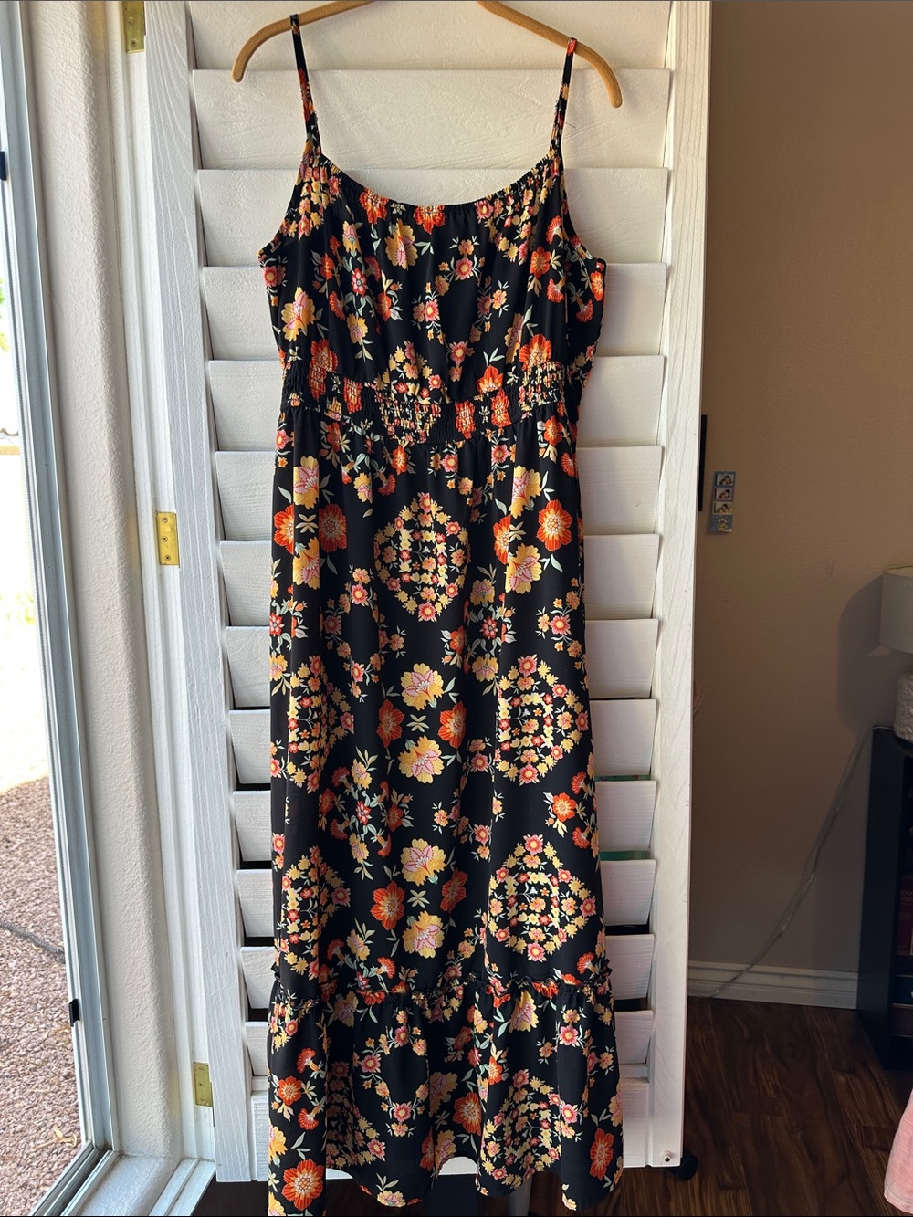 Vintage 70s Mod Floral Maxi Black Hippie Dress XL